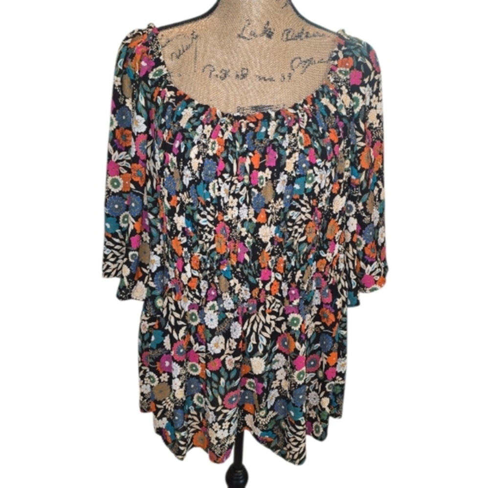 Chenault Floral Ruched Smocked Bell Sleeve Women's Peplum Blouse Top Plus 3X New